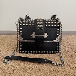 Pre-loved Prada City Calfskin Saffiano Silver Studded Chain Cahier Bag